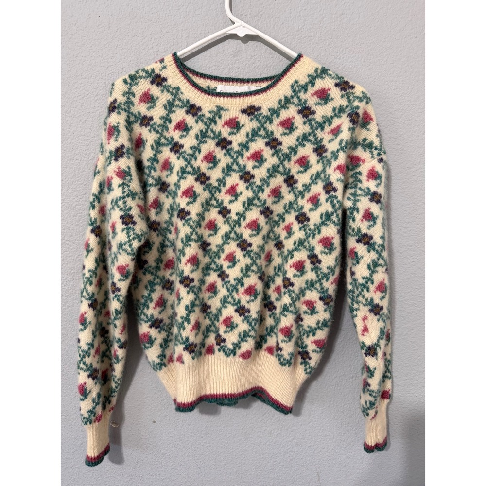 Robert Scott Ltd Vintage 80s Wool Sweater S Floral Trellis Knit Cream Hong Kong
